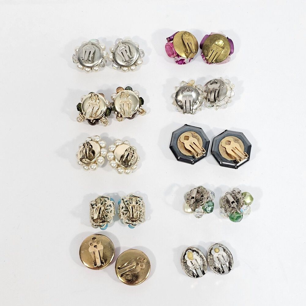 Vintage Lot Of 10 Beaded Cluster Clip On Earrings Japan Hong Kong - Picture 6 of 8